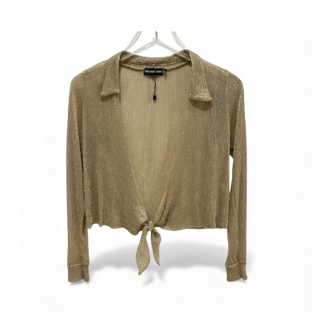 PrettyLittleThing Shimmering Gold Knit Tie Front Top